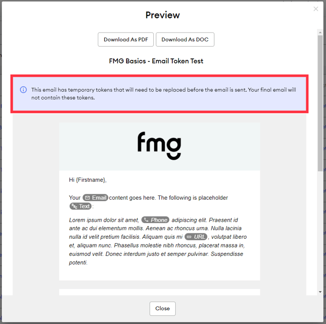 EmailTokensWarning